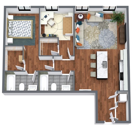 Floor plan for 2 beds, 2 baths, 1025 sqft